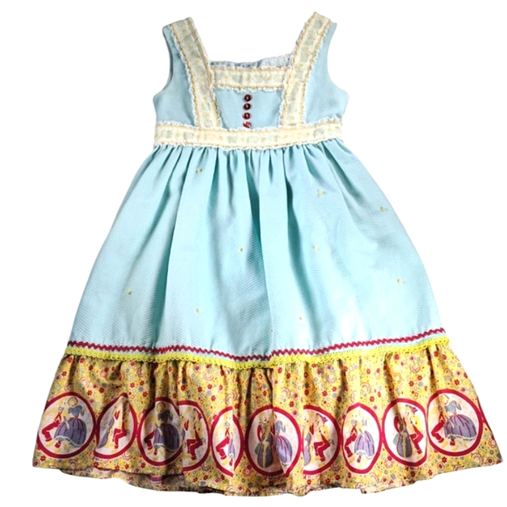 My Aunt Debbie Blue Sleeveless Dress with Yellow Lace Accents Girl's Size XL